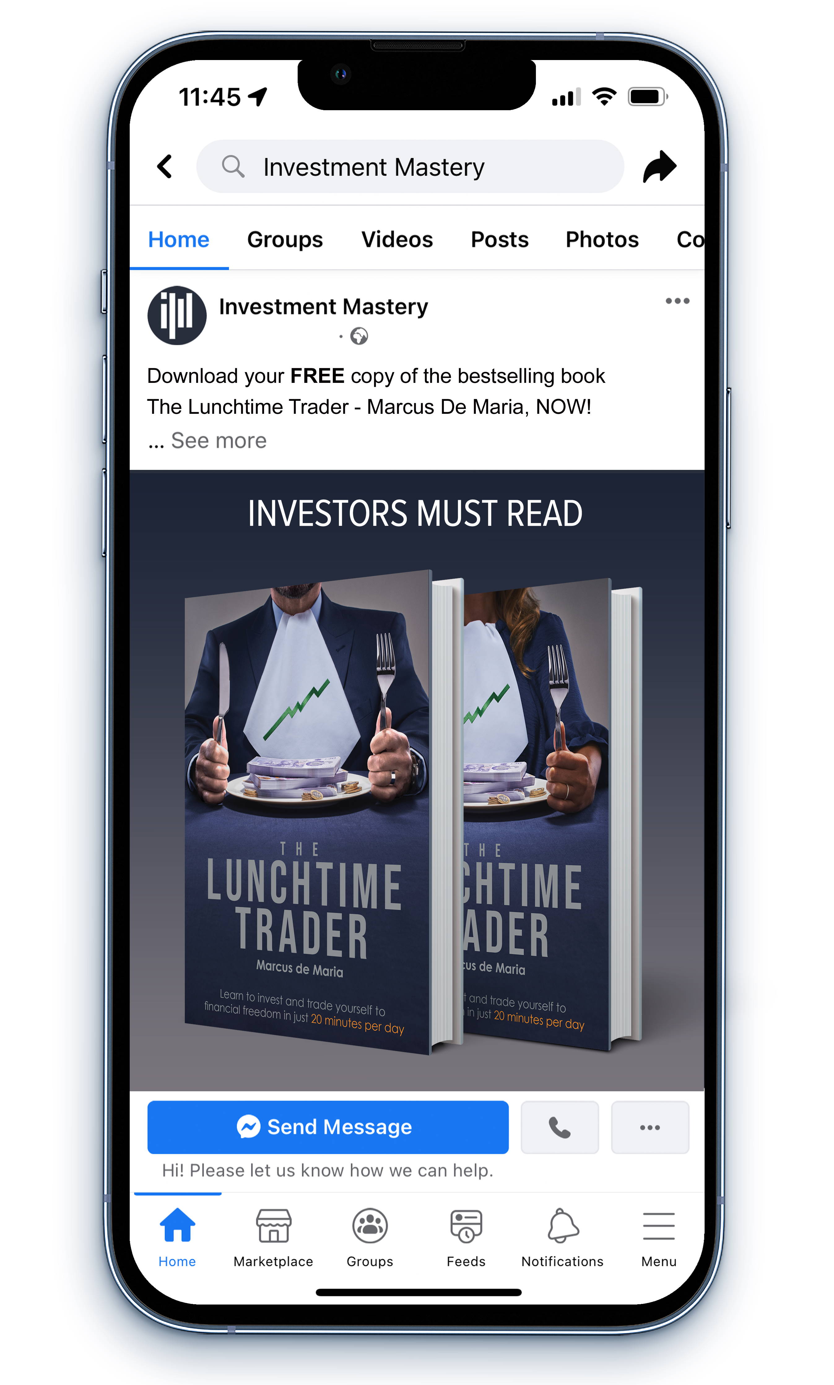 Ads for Investment Mastery's eBook, The Lunchtime Trader, on an iPhone