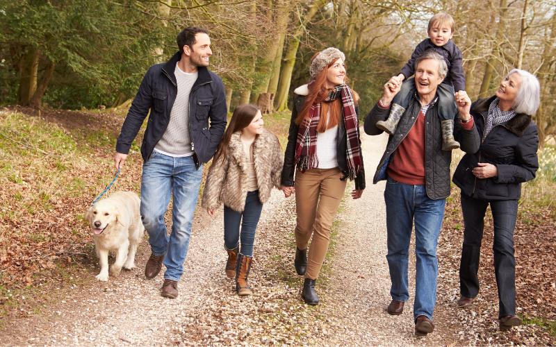 A multi-generational family taking a walk in the woods - a metaphor for sound wealth management